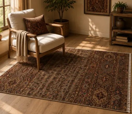 Cozy reading nook with earthy tones