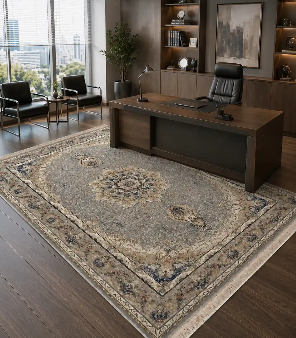 Tapis persan aux motifs complexes, avec médaillon floral, 1500 Shana office